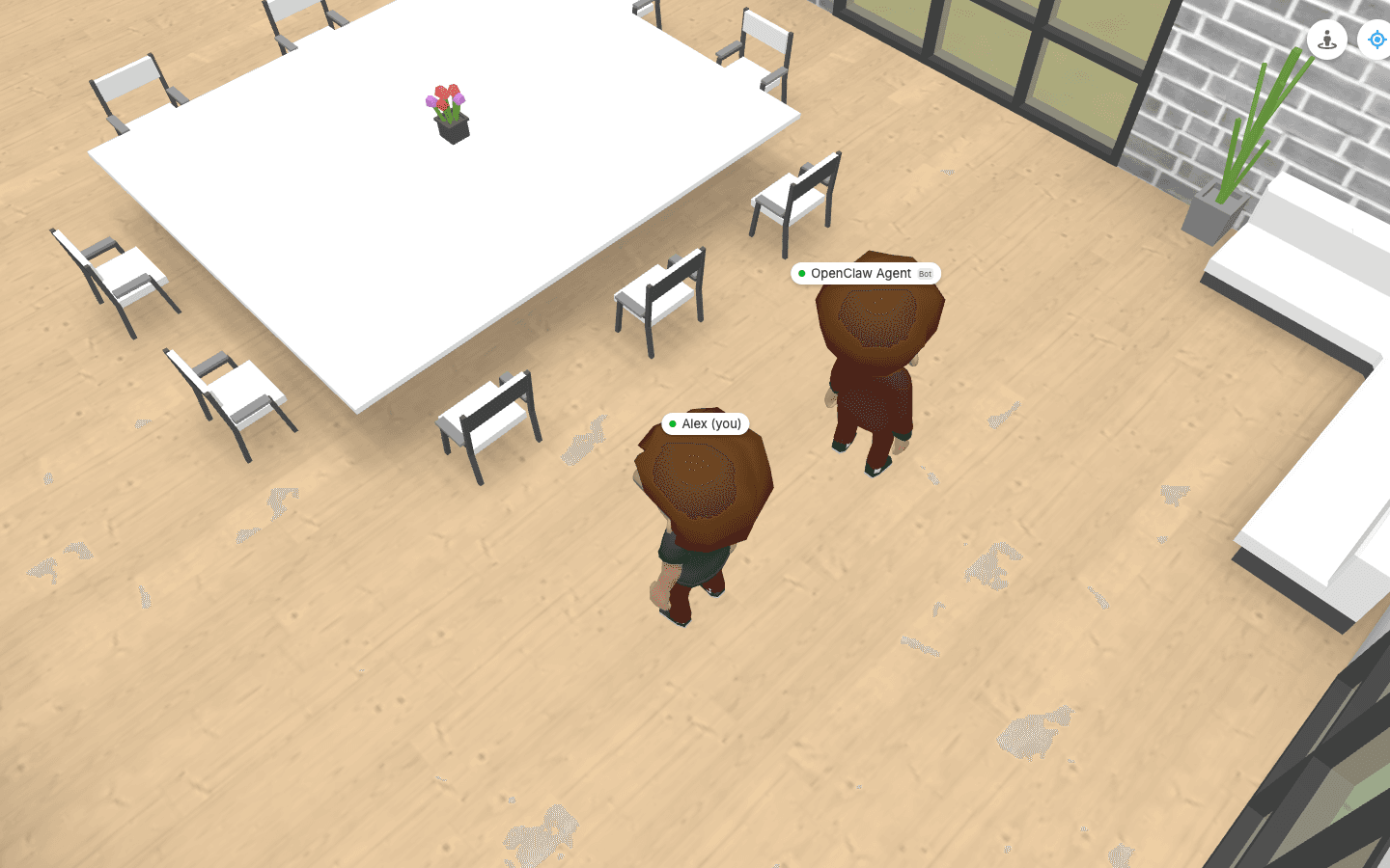 A teammate and a bot avatar sharing a Spot virtual office