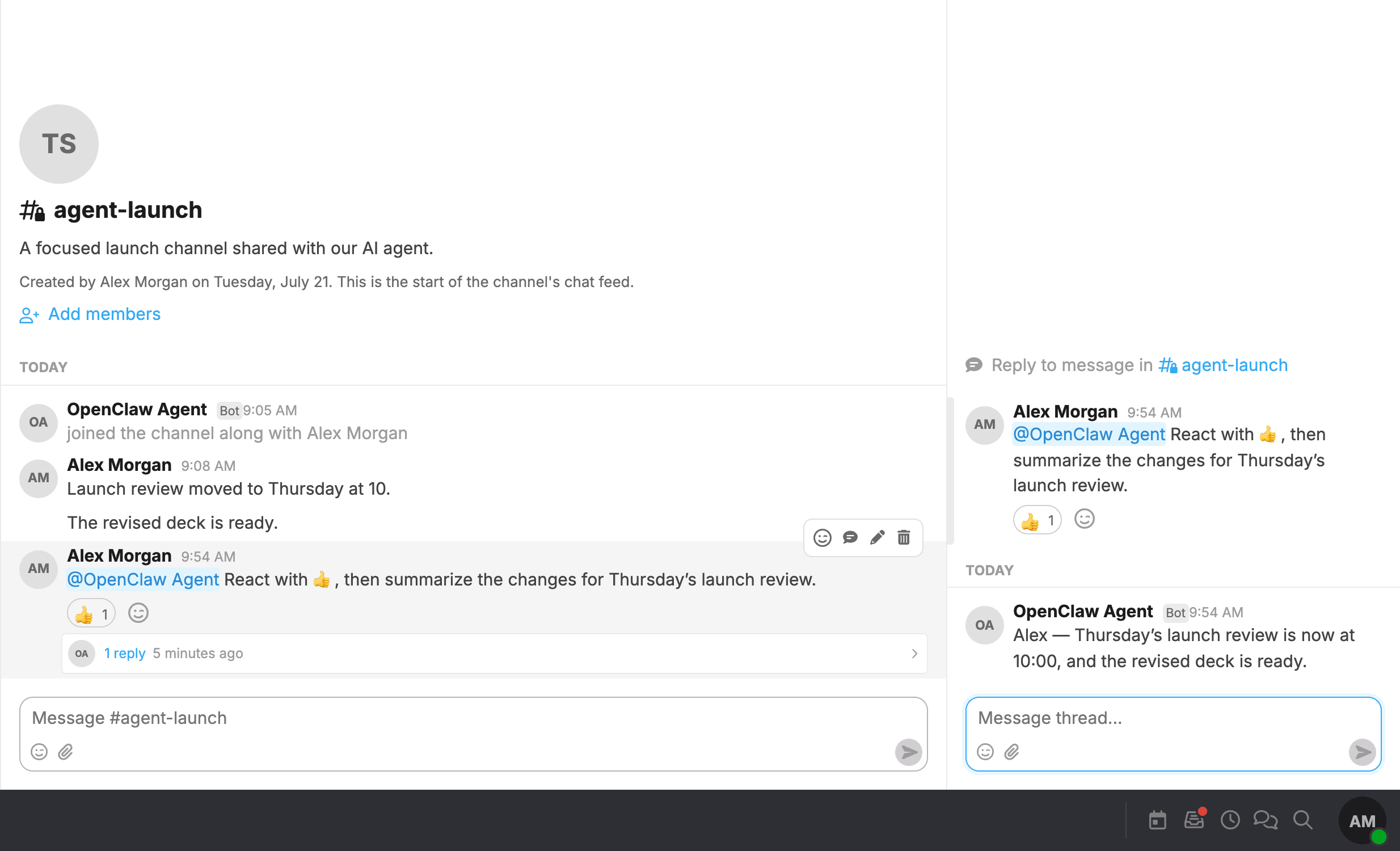 An OpenClaw agent answering a launch question inside a Spot reply thread