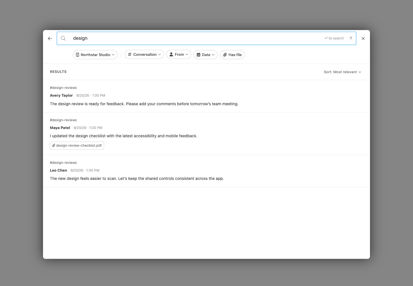 Spot message search with shared filter chips and design-review results