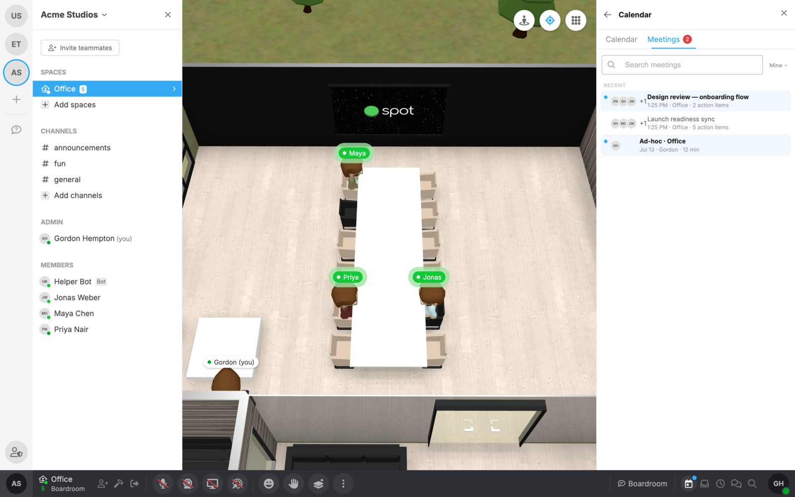 The meetings list in Spot's calendar panel