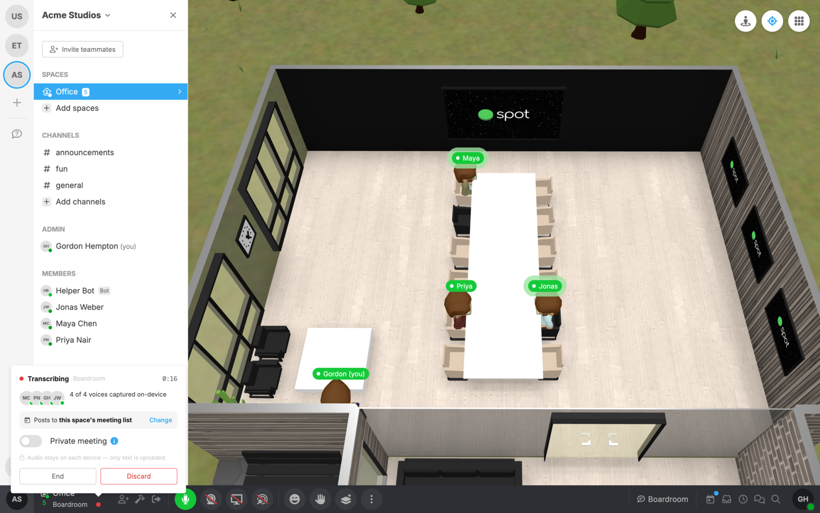 Live transcription status for each participant in a Spot meeting
