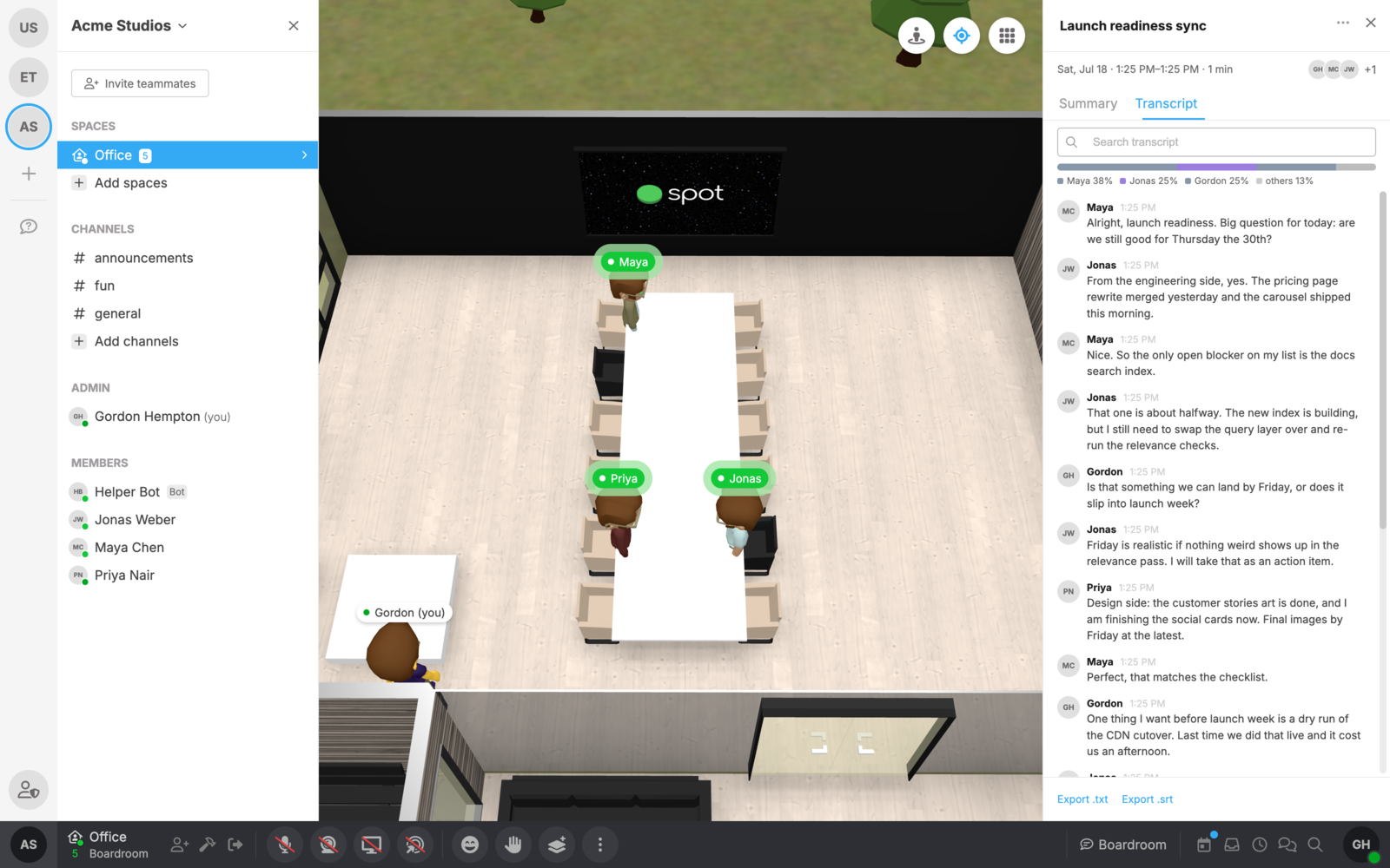 A meeting transcript in Spot with per-speaker attribution