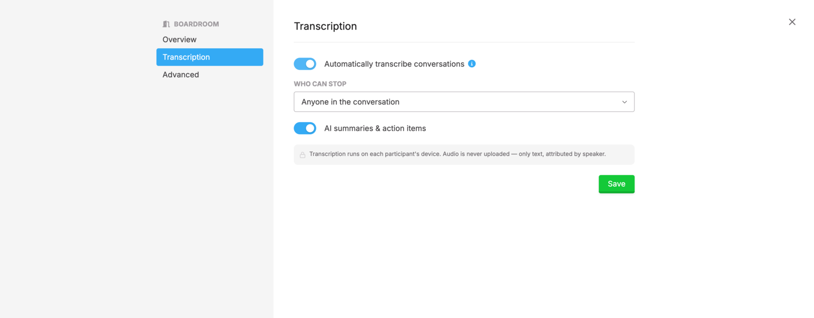 The Transcription tab of room settings