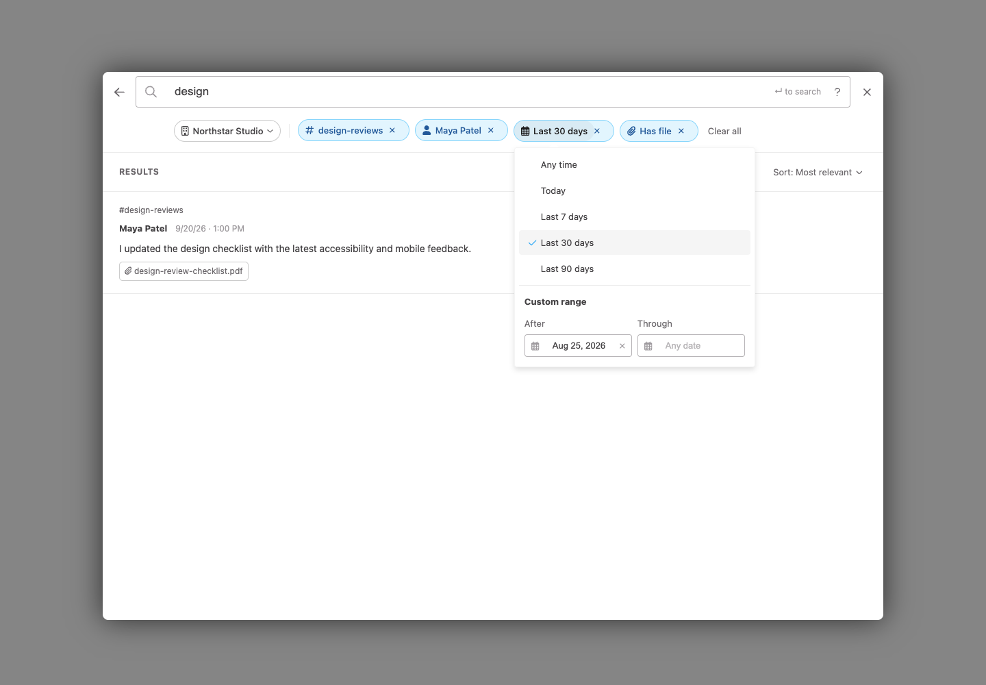 Design search filtered to Maya Patel in design-reviews with files and the date menu open