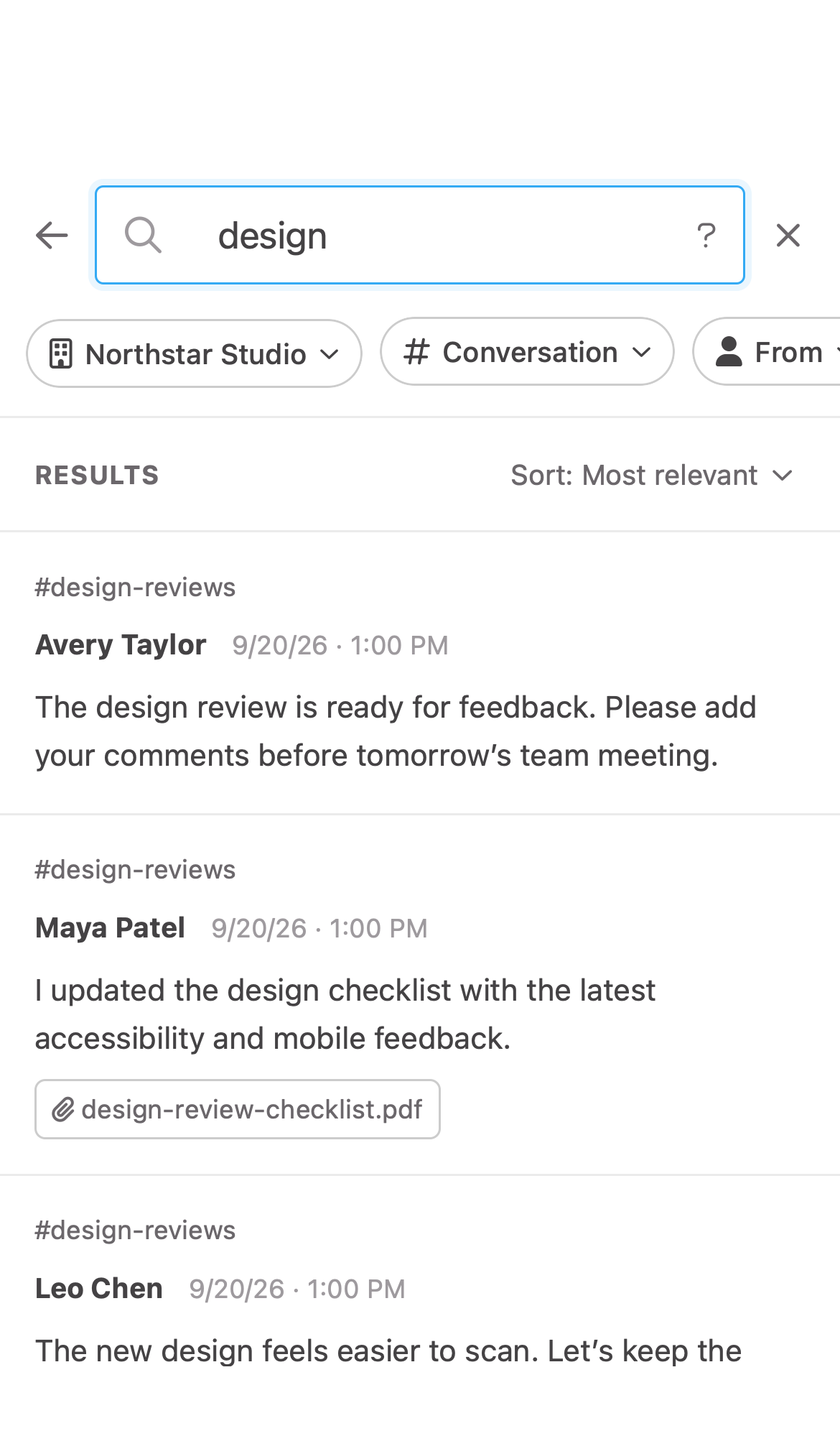 Spot message search on mobile with a scrolling filter-chip row and design results